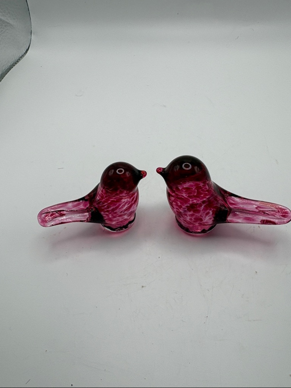 Vintage Set of Two Cranberry Pink Mottled Glass Love Bird Figurines